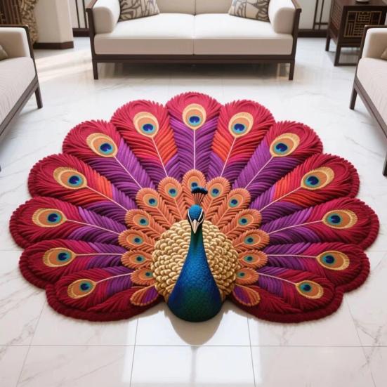 3D Peacock Pattern Plush Rug Non-Slip Backing Easy To Clean Various Sizes Living Room Rug Home Decor