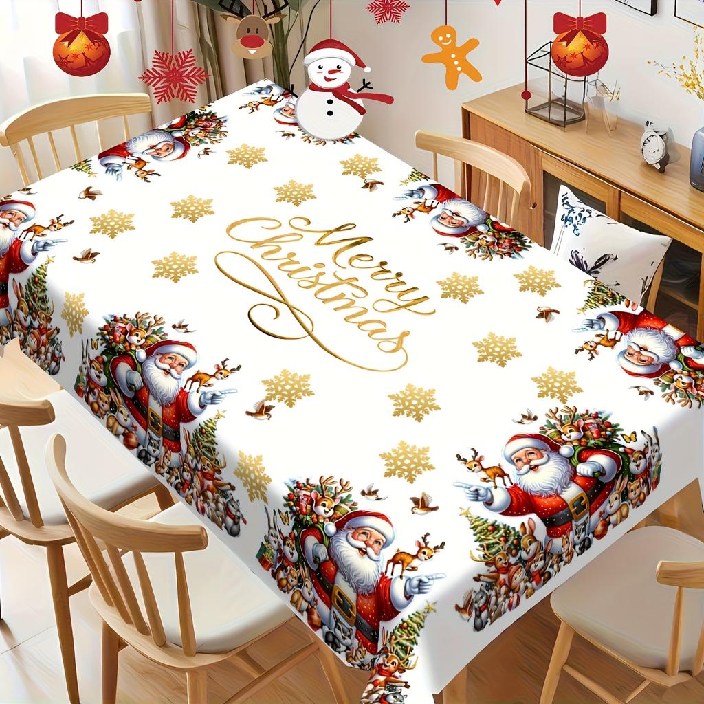 Christmas Tablecloth With Santa Snowflakes And Reindeer Winter Holiday Table Decor Festive Dining Room Cloth