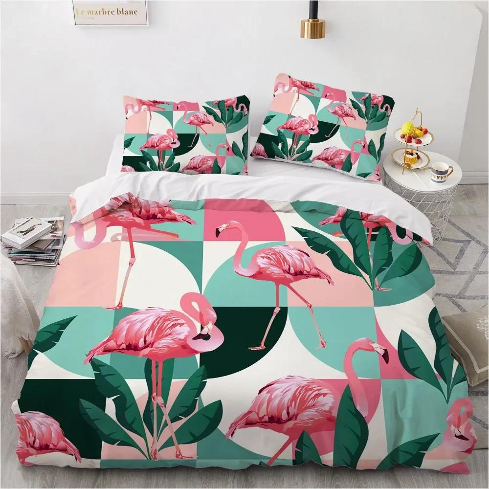 Flamingo Duvet Cover King Queen 3D Pink Animal Bedding Set for Kids Teens Adults Watercolor Style Quilt Cover with Pillowcase