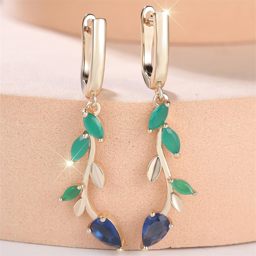 Blue Crystal Water Drop Stone Pendant Green Jade Leaf Hoop Earrings For Women Vintage Gold Color Ear Buckle Wedding Jewelry Gift