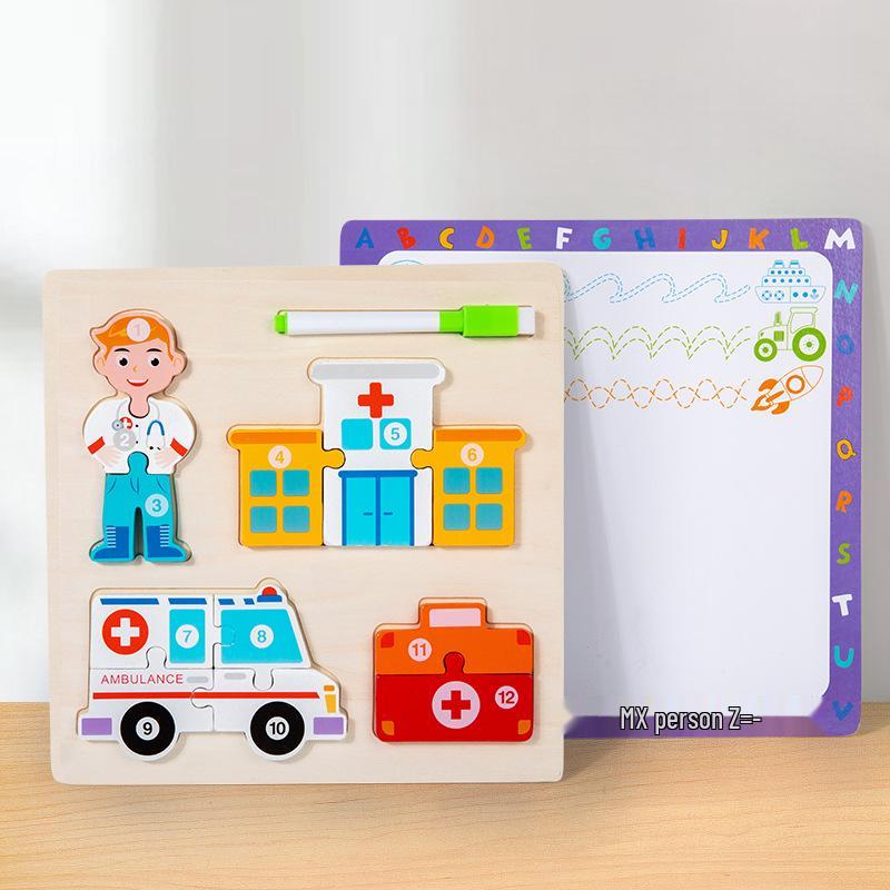 Children s 3D Wooden Jigsaw Puzzle & Drawing Board - Educational Vehicle & Figures Cognitive Toy.