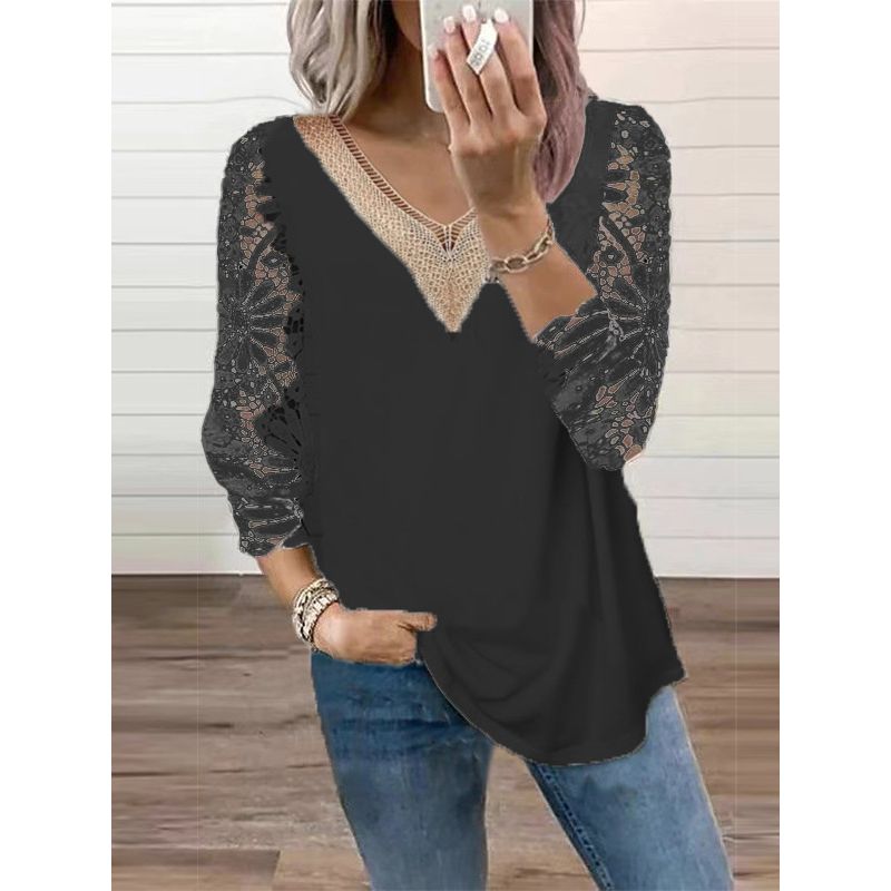 V-neck Patchwork Hollow Lace Sleeve TOPV Collar Patchwork Cut Out Lace Sleeve Tops