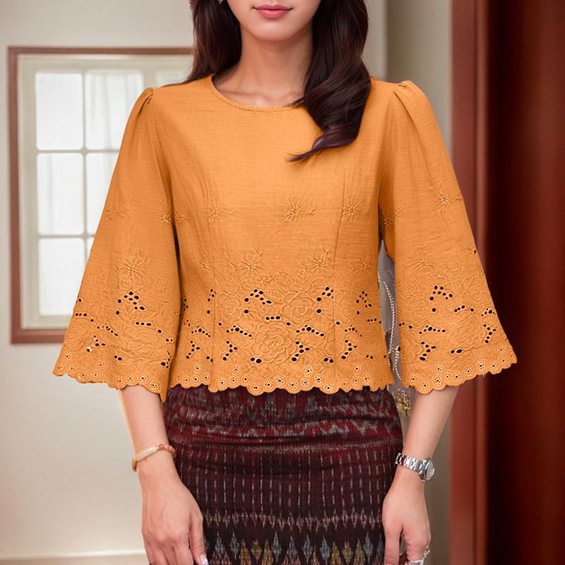 ZANZEA Kvinner Casual Rund Hals 3/4 Erme Løs Broderi Bluse