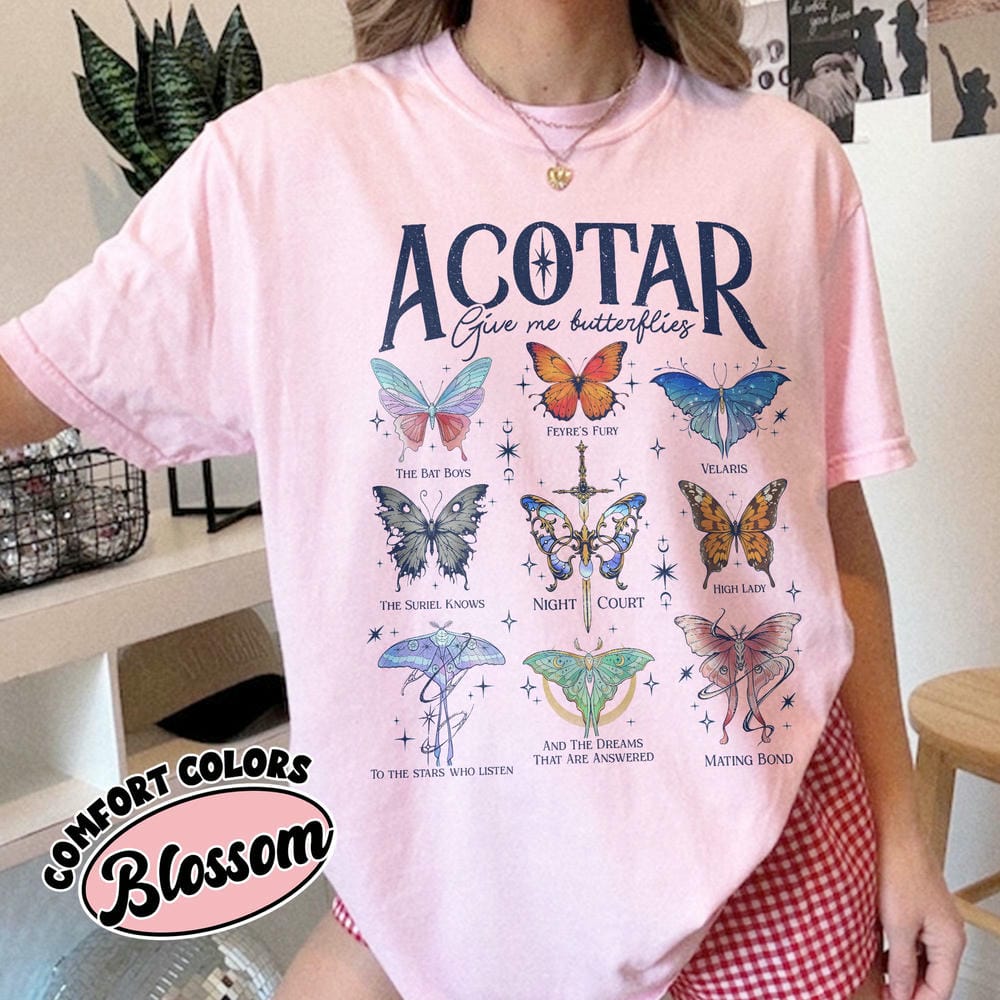 Damen Casual Acotar Schmetterlinge Komfort Unisex T-Shirt Für Fan Fantasy Lustig Acotar Gib Mir Schmetterlinge Outfit Buch T-Shirt Streetwear