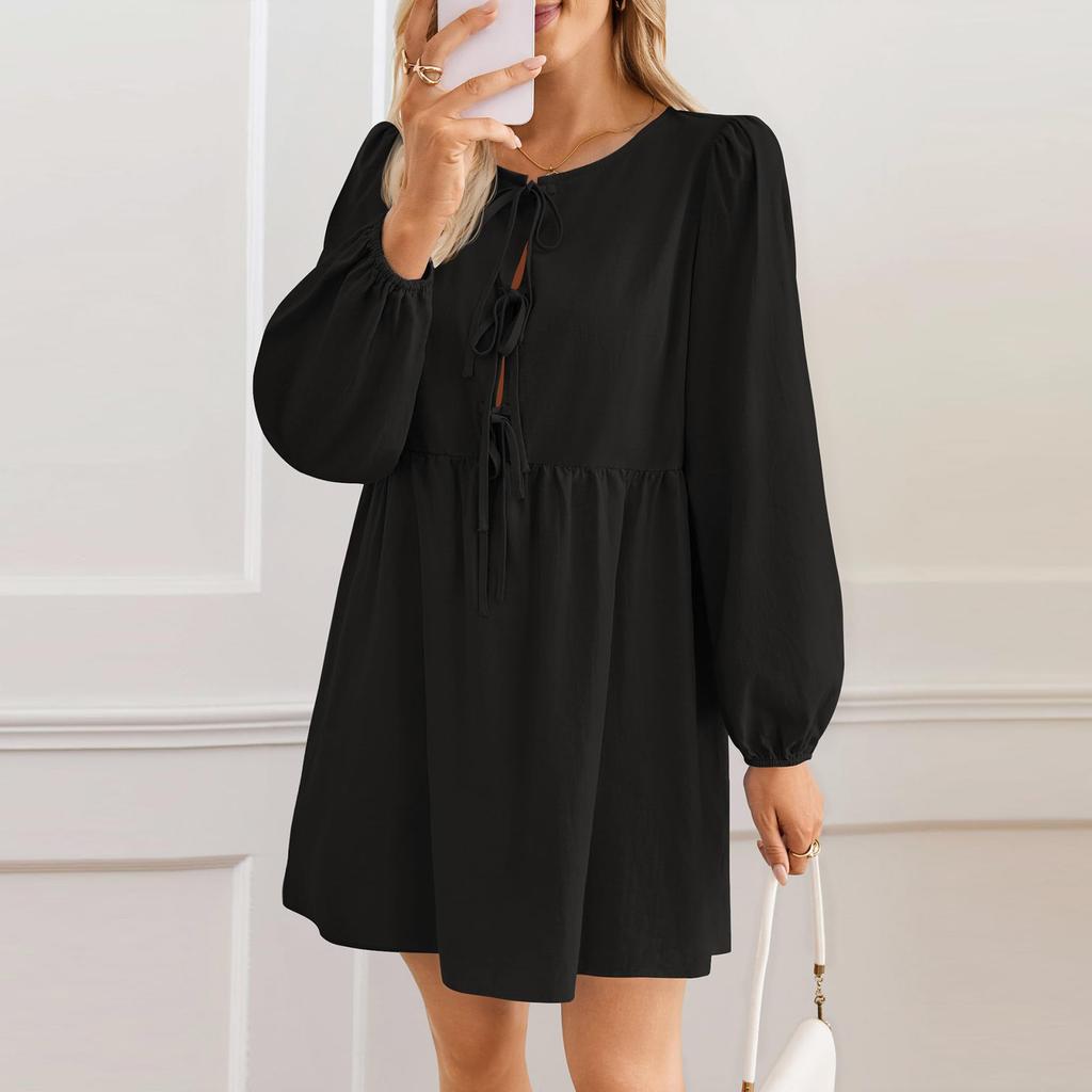 Women's Casual Fashion Lace-up A-line Pleated Long-sleeved Solid Color Short Dress