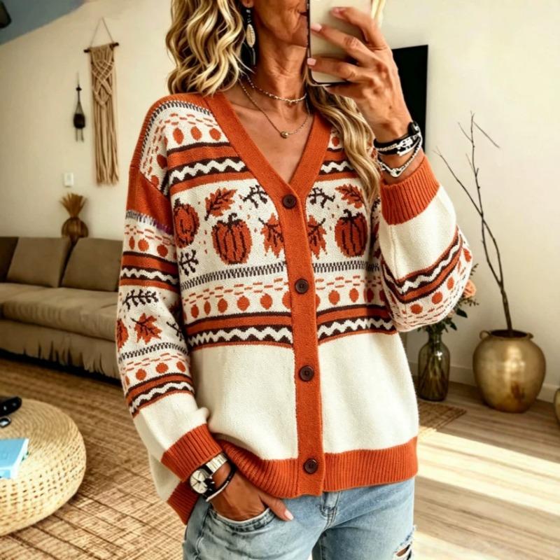 Women S Halloween Pumpkin Jacquard V Neck Knit Cardigan Loose Long Sleeve Sweater