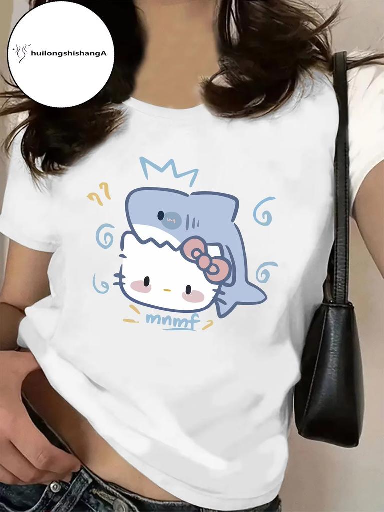 Sanrio Hello Kitty Girl Summer TShirt Cute Shark Pattern Fashionable Fashionable Versatile