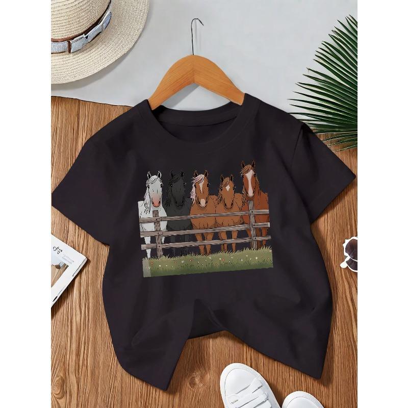 

European Size Childrens Crew-neck Short-sleeved T-shirt with Horse Pattern Print 98cm чёрный