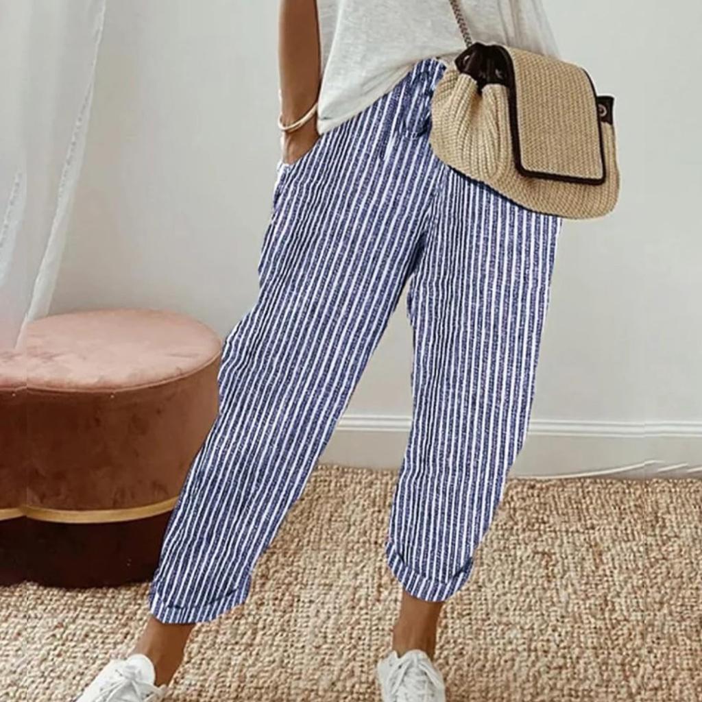 Ladies' Drawstring Striped Elastic Waistband Tied Casual Pants With Pockets
