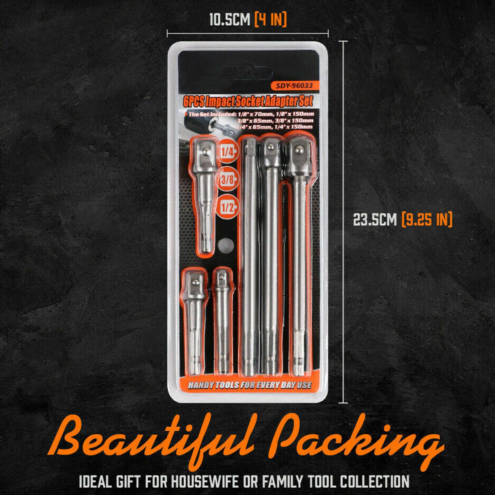 

6 шт., набор ударных торцевых адаптеров 6 и 3 дюйма, 1/4 дюйма, 3/8 дюйма, 1/2 дюйма, шестигранный хвостовик 1/4 дюйма