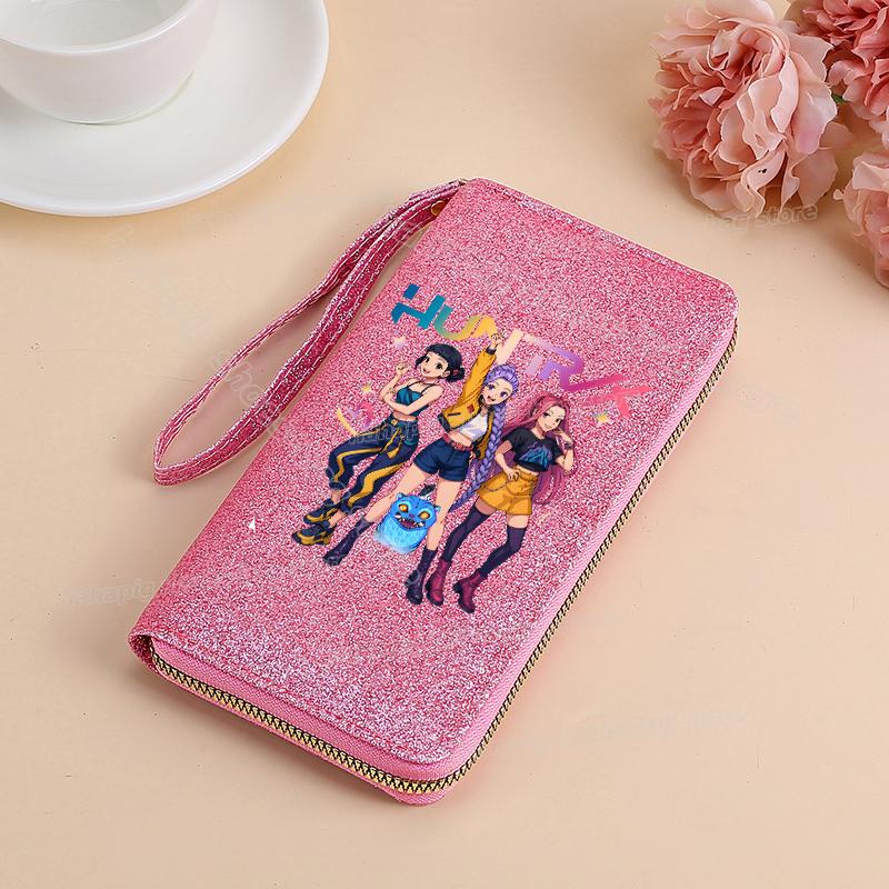 Vysoce kvalitní KPop Lovci démonů Dlouhá peněženka Dámské peněženky na zip Sequin Bling Koženka Kapsa na mince Držák na ID Kartu Dámské Clutch Peněženky