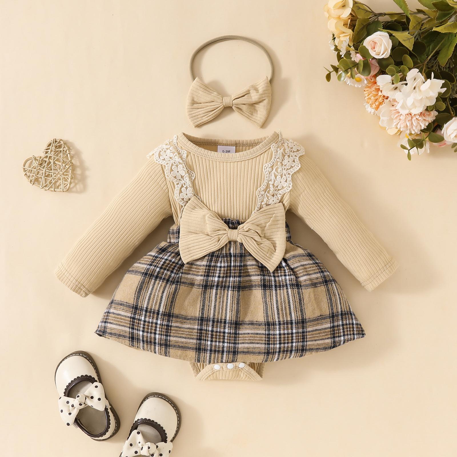 Baby Girls  Long Sleeve Lace Plaid Romper with Bowknot 12-18M
