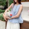 VONDA Summer Women Casual Round Neck Sleeveless Plaid Print Tank Tops