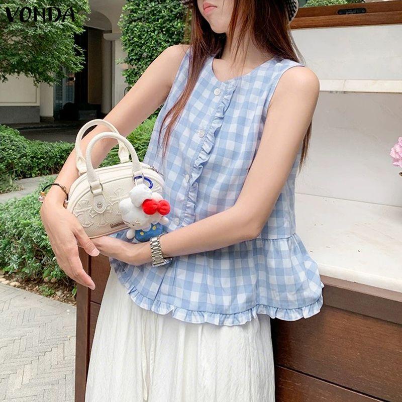VONDA Summer Women Casual Round Neck Sleeveless Plaid Print Tank Tops