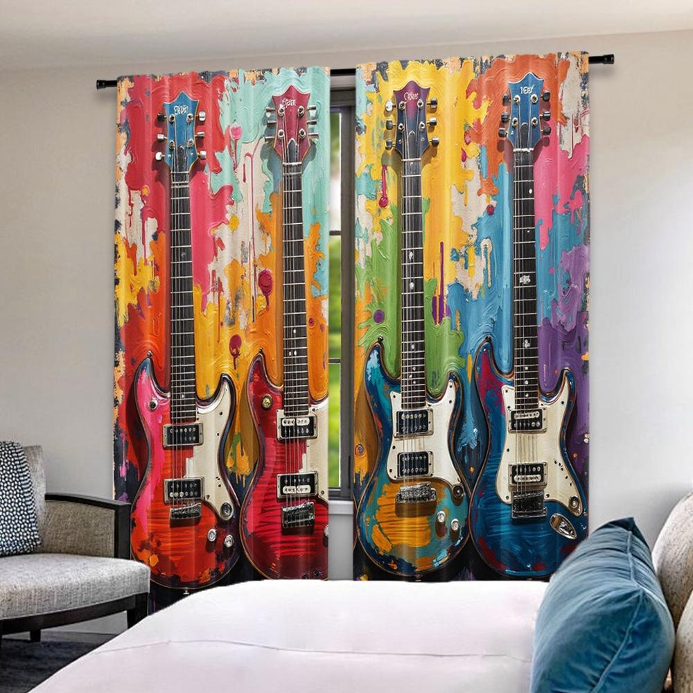 Set Of 2 Flat Printing Christmas Hot Party Curtains Vivid Guitars Digital Printed Polyester Drapes Holiday Decorations Use Curtain
