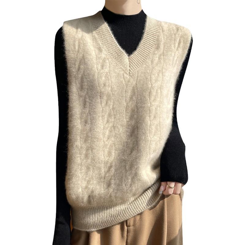 Women's Retro V-Neck Wool Knit Vest - Sleeveless, Jacquard Design, Loose Fit