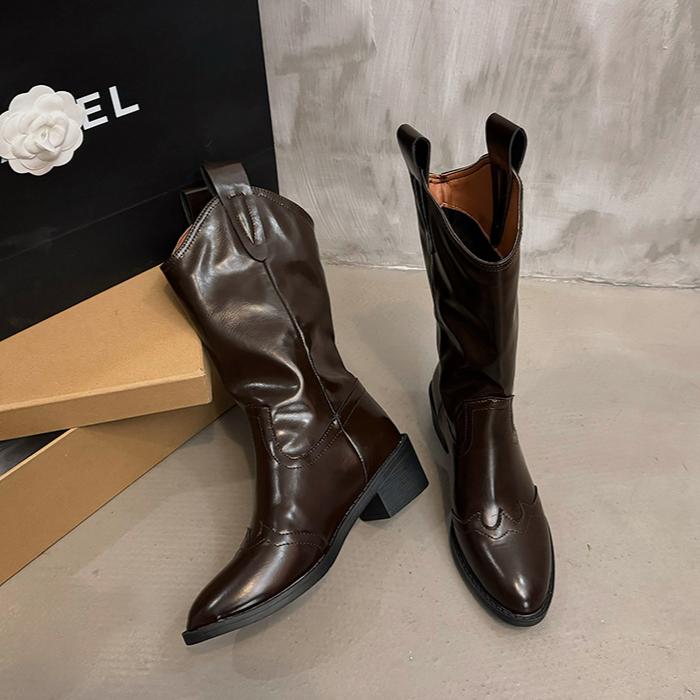 Pointed Toe Women High Boots Designer Chunky Leather Shoes Winter 2025 Trend Goth Pumps Shoes Fad Mid Calf Chelsea Botas Mujer