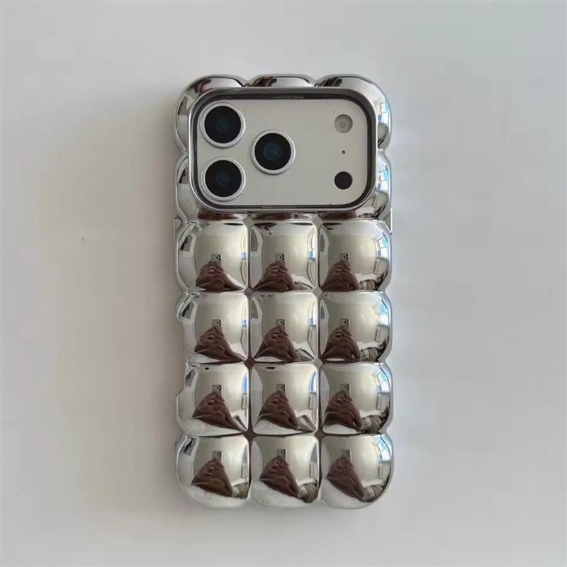

3D Blocks Lattice Soft TPU Phone Case For iPhone 17 14 13 12 15 16 Pro Max 11 Egg Puffs Solid Color Shockproof Protective Cover iPhone 11 срібний