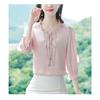 Spring Autumn Ruffles V-neck Lace Up Elegant Shirt Women 3/4 Sleeve Embroidery Solid Pullover Blouse Top