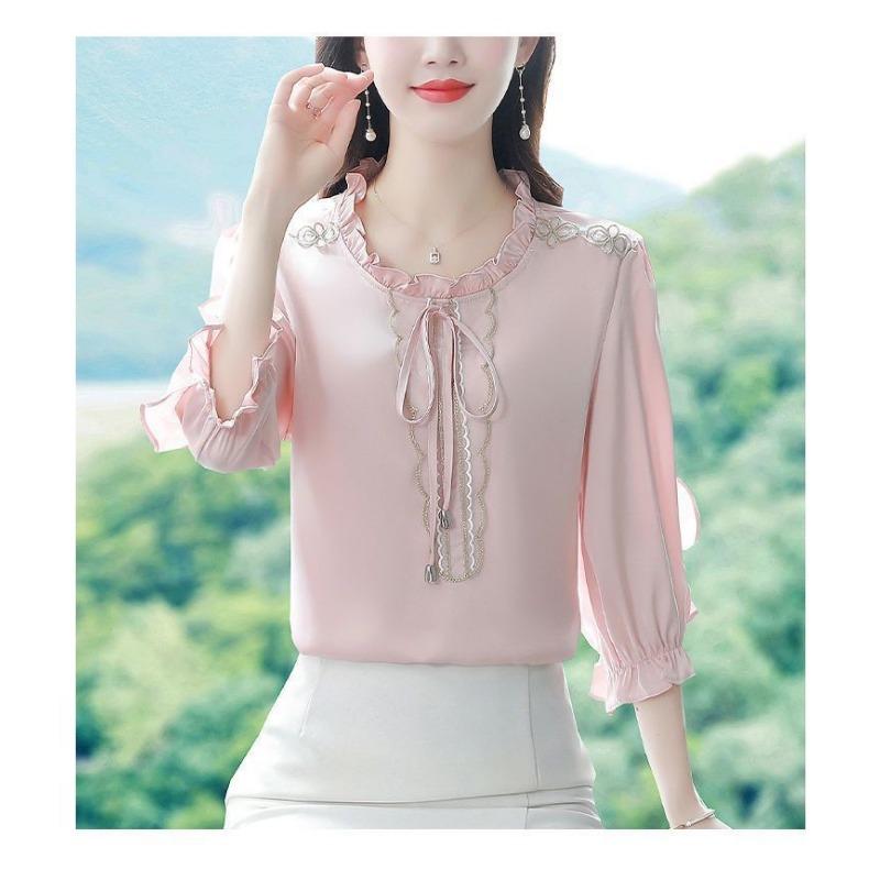 Spring Autumn Ruffles V-neck Lace Up Elegant Shirt Women 3/4 Sleeve Embroidery Solid Pullover Blouse Top