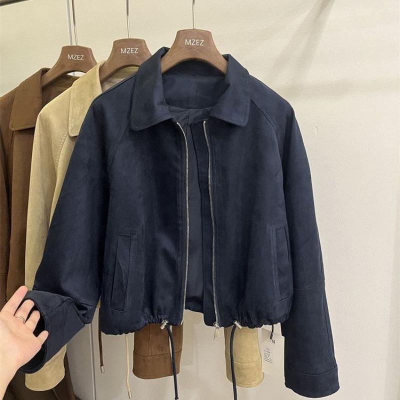 Women Cropped Suede Fabric Stand Collar Motorcycle Baseball Jacket Casual Loose Long Sleeve