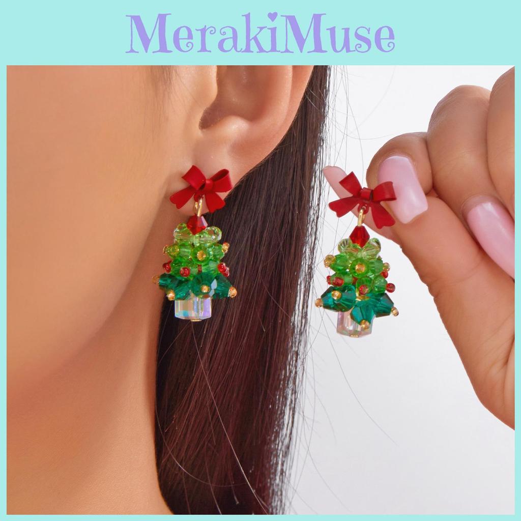 Christmas Tree Earrings Girls Alloy Red Bow Sparkling Jewelry With Holiday Style For Women