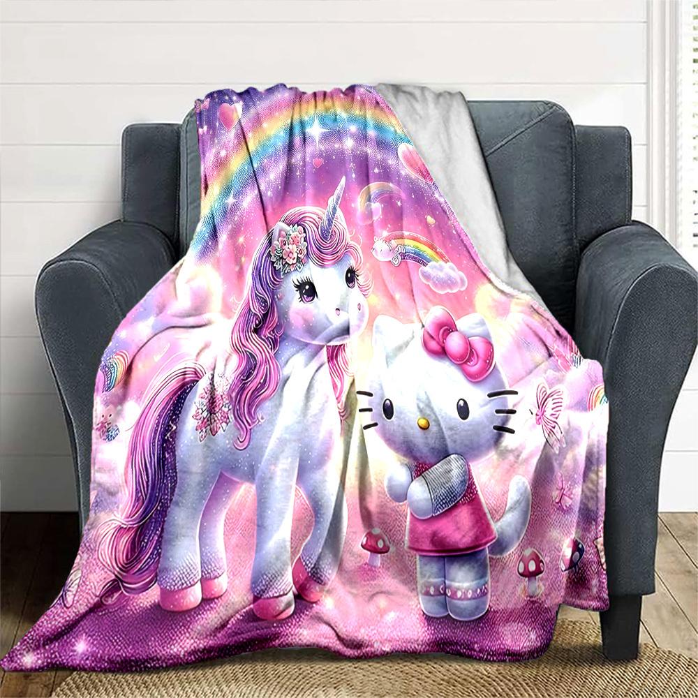 1pc Unicorn Hello Kitty Blanket Lightweight Flannel Throw for Sofa Bed Travel Camping Livingroom Office Couch Chair