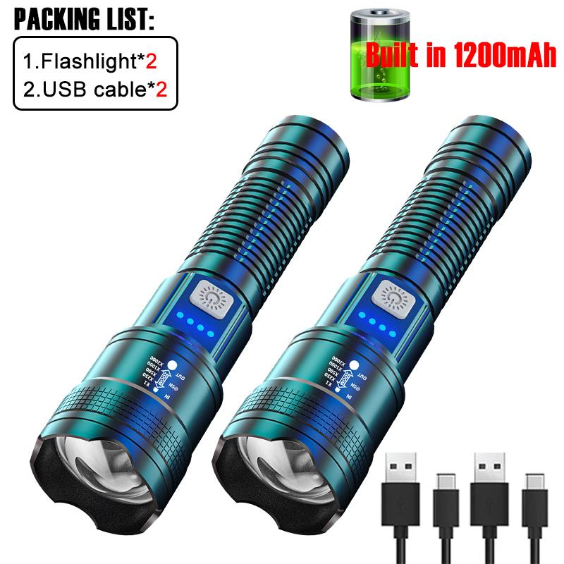 Super Bright P120 LED Flashlight Strong Light USB Rechargeable Zoom Torch Lamp With Power Display Multifunction Camping Lantren