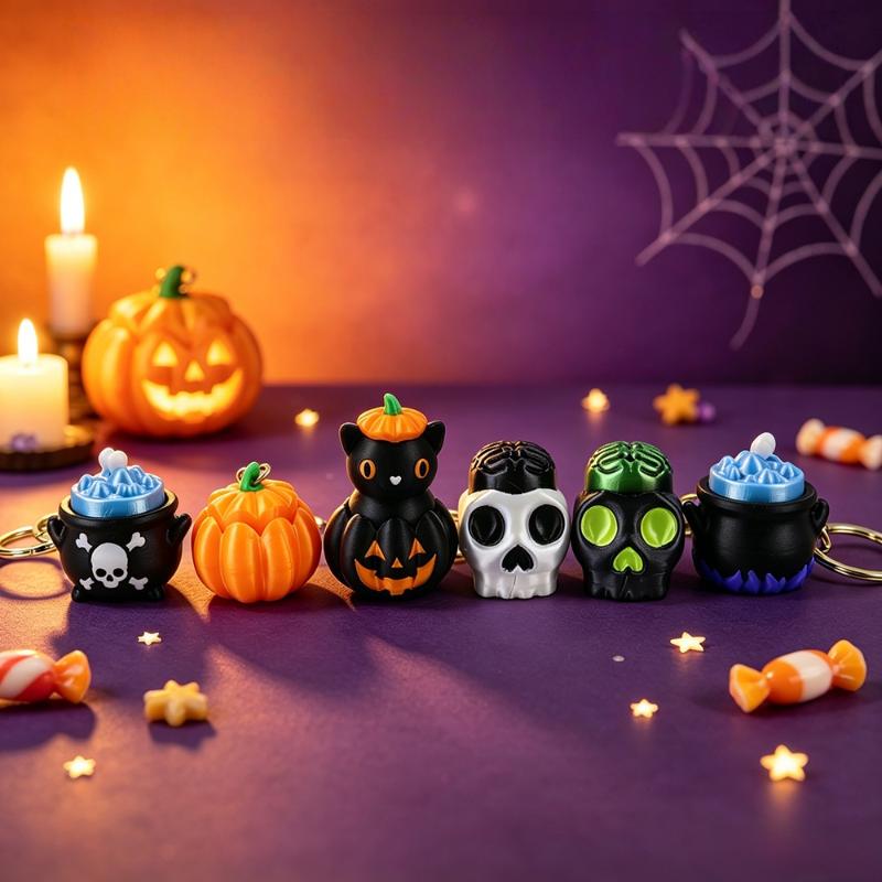 3D Printed Durable Halloween Keychain Cute Pumpkin Skeleton Witch Cat Pendant Trick or Treat Giveaway Gift for Kids