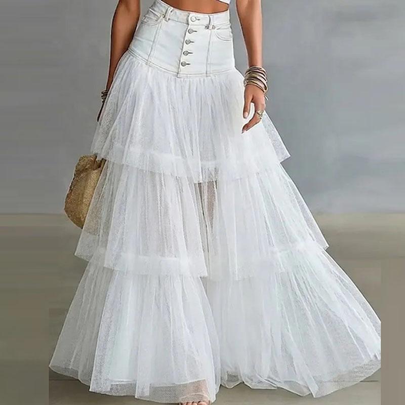 Elegant Denim Patchwork Tulle Maxi Skirts High Waist Button Pocket Multi Tier Ruffle Mesh Flowy Skirt Women Autumn Casual Skirts