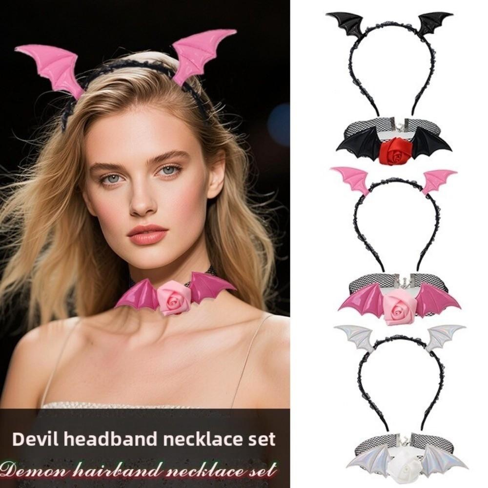 Flower Headband Necklace Set Mesh Halloween Hair Hoop Punk Bat Wings Hairband Kids