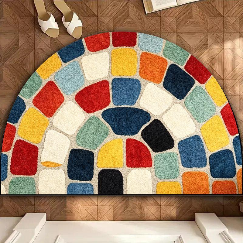 Kleurrijk Onregelmatig Blok Halfrond Badmat, Antislip Waterabsorberend Retro Mozaïek Badkamervloerkleed 50x160cm 20x63inch