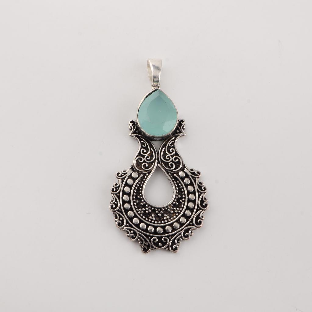 Aqua Chalcedony Gemstone 925 Sterling Silver Jewelry Partywear Pendant 1.8" For Women CP-45-20