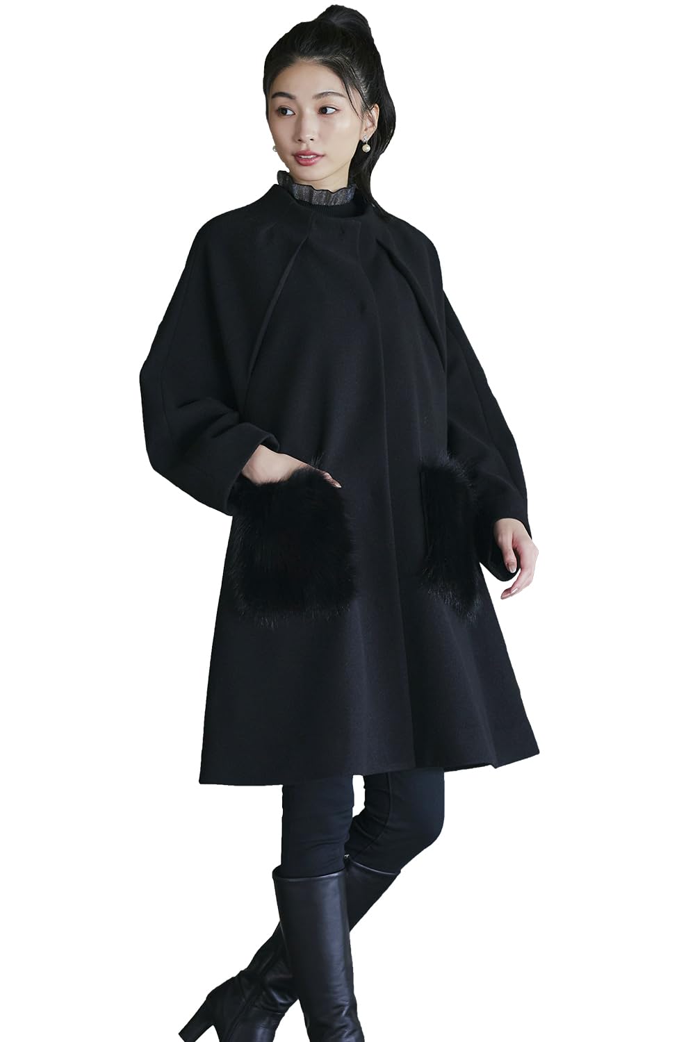 

Louet Fox Fur Pocket Flare Coat Outerwear Long Casual Formal No Collar Fur Mix and Match Large Size Wedding Party Party L Black [Louis Boutique]
