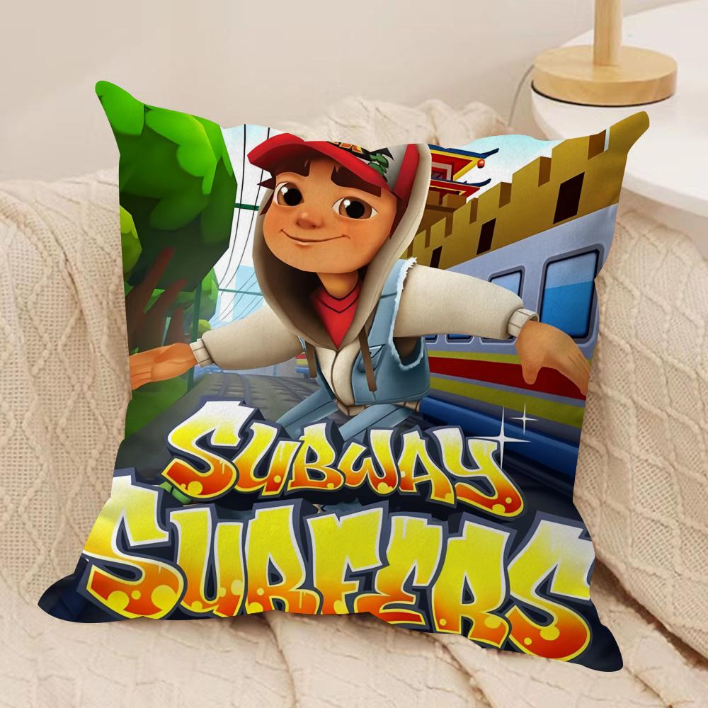 S-Subway Surfer Game Cushion Cover Silky Short Plush Invisible Zipper Dustproof Sofa Pillow Case For Home Decor