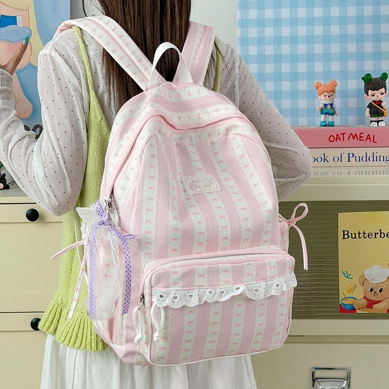 Schoolbag gentle department fresh color scheme striped design backpack student party daily commuting shopping spring outing large capacity schoolbag
