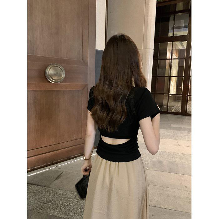 Women's Summer Slim Fit Pleated Short Sleeve T-shirt with Back Cutout