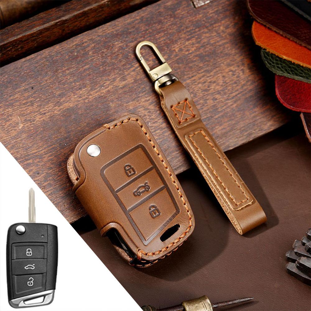 HALLMO Handmade Luxury Leather Car Key Case For Volkswagen Folding Keys