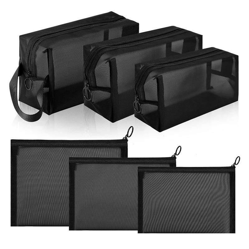 2025+ 6Pcs Portable Black Mesh Zipper Pouch Breathable Toiletry Storage Pouch for Home Offices Travel Accessories Organizer China Mainland