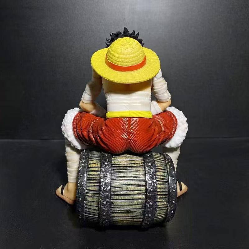 18cm Anime One Piece Figures Sitting Posture Wine Barrel Eat Meat Luffy Action Model PVC Toys Christmas Ornaments Gift