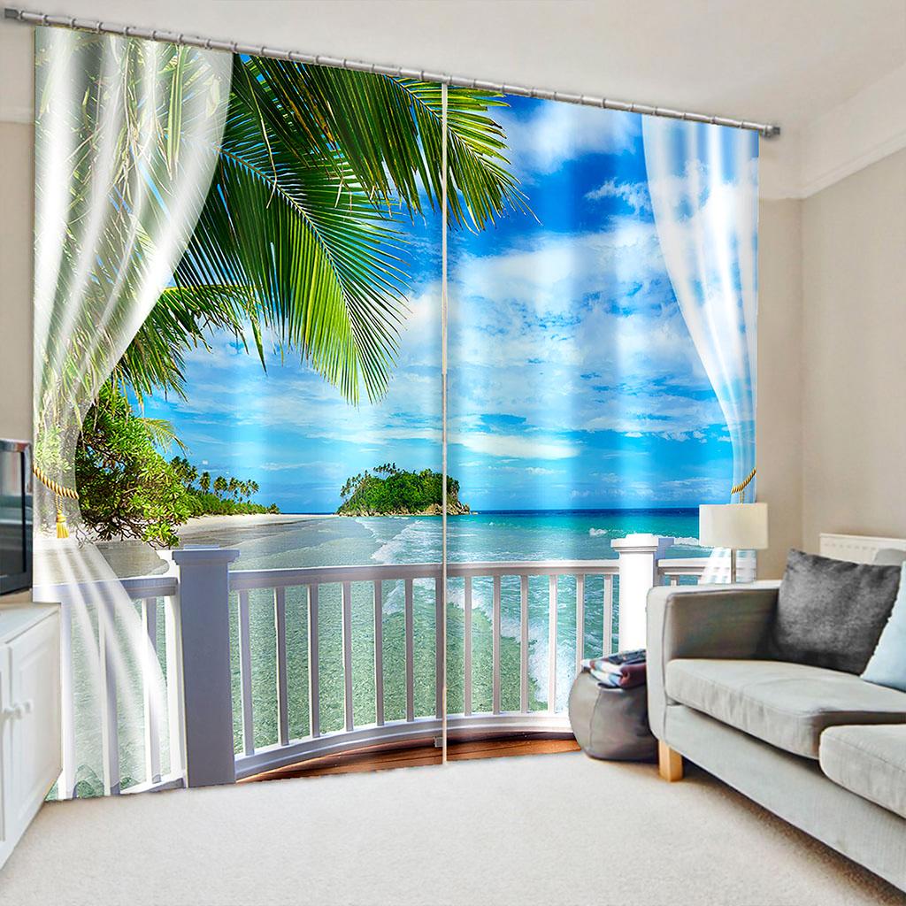 2024 Nature Seaside Scenery 3D Landscape Modern Thin Cloud Window Curtains for Living Room Bedroom Decor 2 Pieces Free Shipping