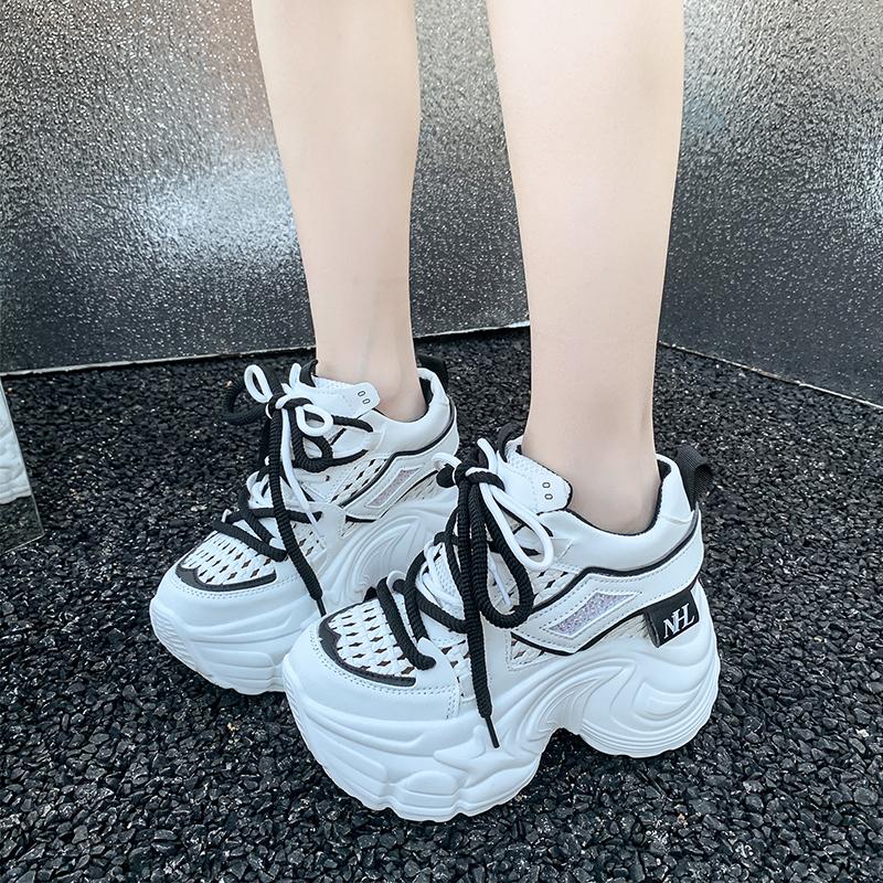 Mode 9CM Sommer Papa Schuhe Damen Dicke Sohle Atmungsaktives Mesh Sportlich Lässig Erhöhend Weiße Sneakers Modische Flache Schnürschuhe