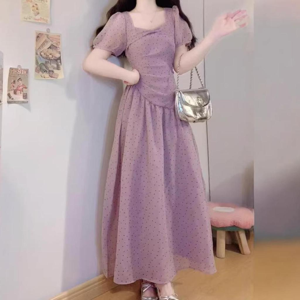 Trendy Slim-Fit Polka Dot Dress with Square Neck, Short Sleeves – Summer 2026 Korean Style.