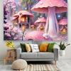 2D Dreamy Mushroom Village Backdrop, Pink Forest Scene Background for Baby Shower