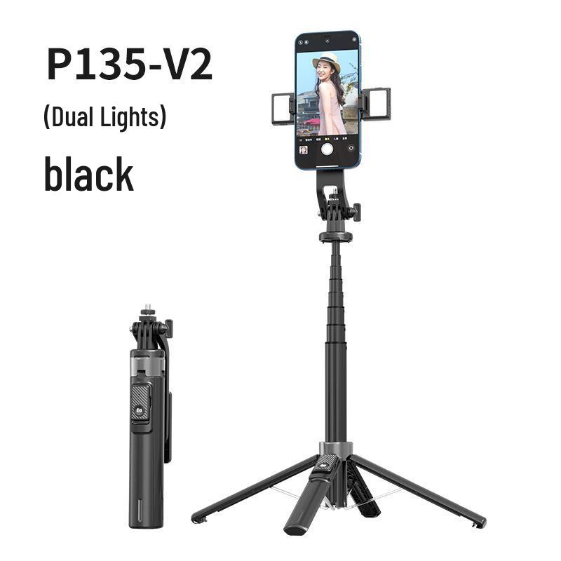 P135 Universal Bluetooth Selfie Stick: Detachable Gimbal, Four-Leg Stand, One-Button Pop-Up for Phones and Cameras.