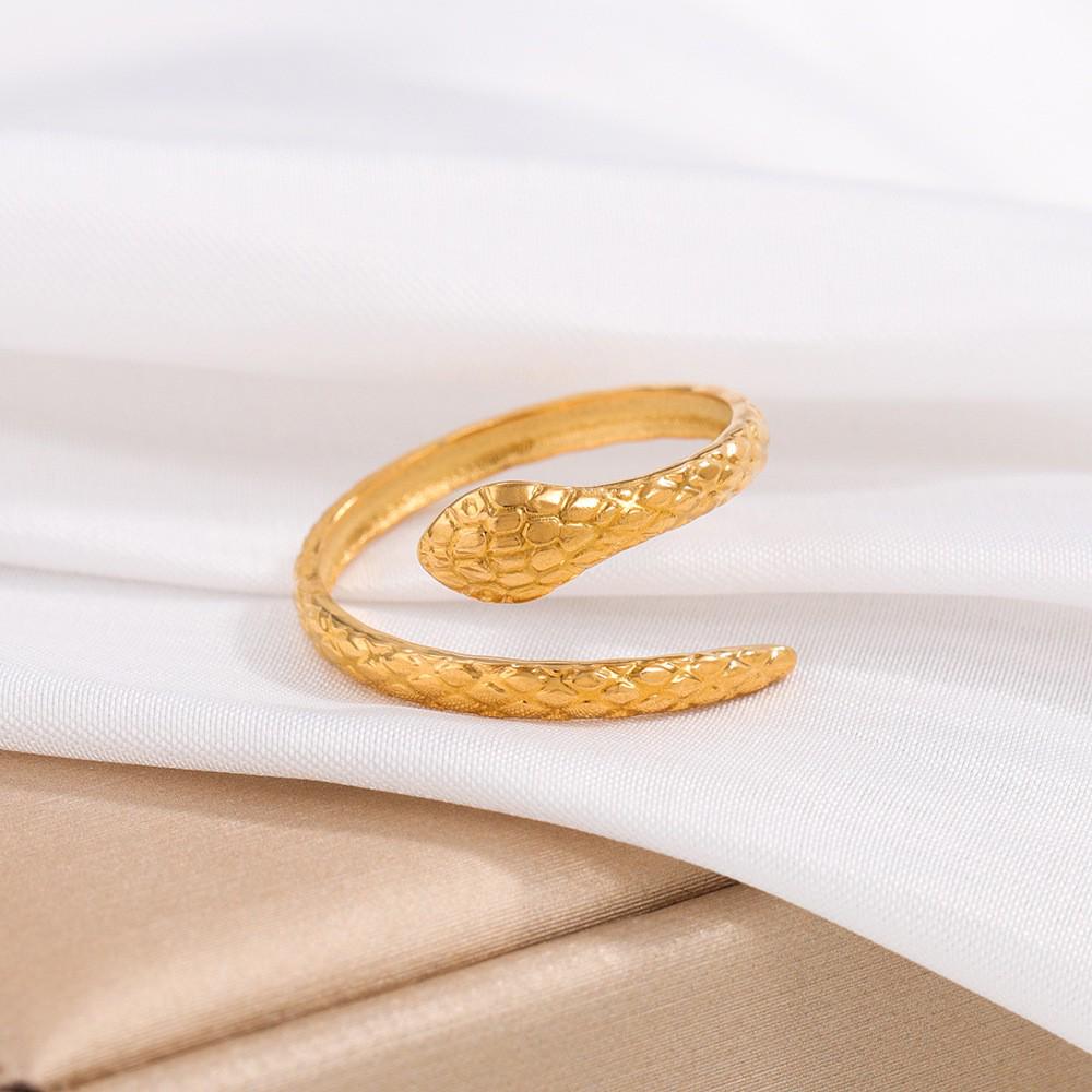 Gold-Plated Snake-Shaped Titanium Steel Adjustable Ring for Women - Retro, Colorfast, European & American Fashion.