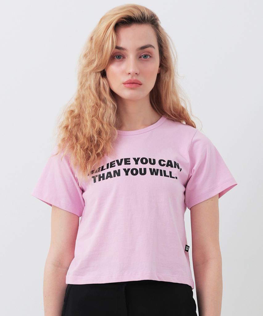 WHEN YOU MOVE Lettering Semi-Crop Short Sleeve T-Shirt Pink
