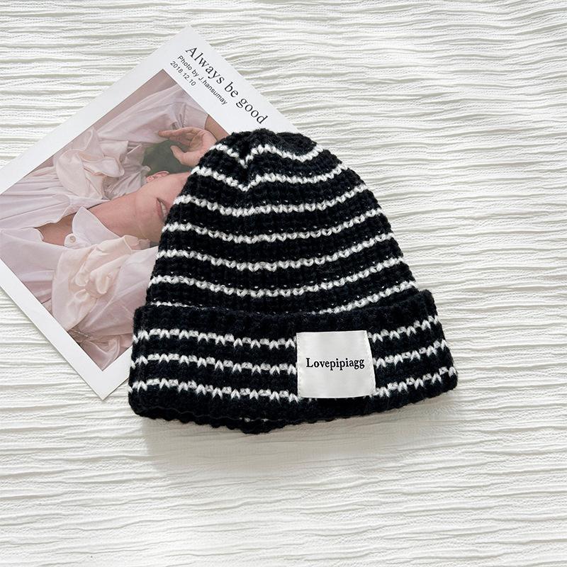 Hat women's autumn and winter retro striped wool hat, big head circumference, small face, warm ear protectors, knitted cold hat