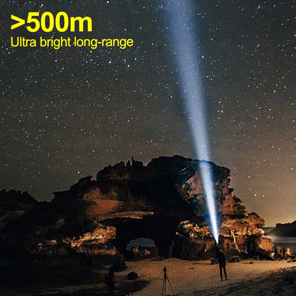 High Power White Flashlight Super Bright LED Spotlight Long Range Torch Zoom Emergency Outdoor With Multiple Lighting Mode