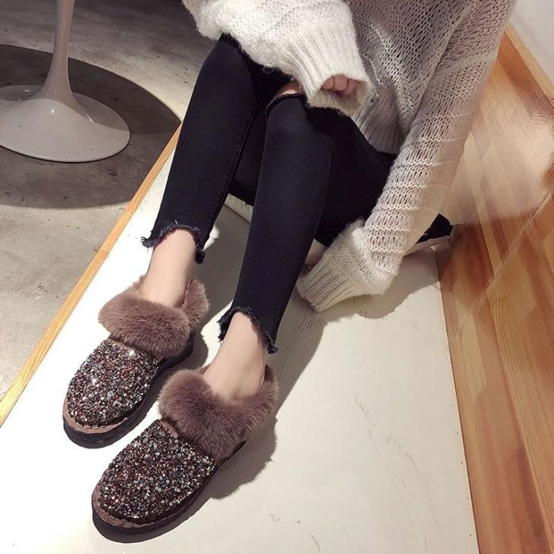 Mode Pailletten Flache Stiefeletten Winter Runde Zehen Damen Schneestiefel Sale Plüsch Warmes Schuhwerk New Rock Mode 2025 Y2k Fellige Damenschuhe